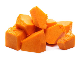 Raw, cleaned out muscat squash slices isolated on white background