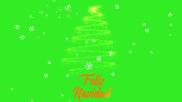 Feliz Navidad  postcard animation in after effects. Animated text and tree with snow on green screen background. Copy text space. Translation: Merry Christmas