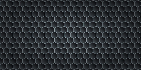 Black metallic abstract background, perforated steel hexagon mesh. Dark mockup for cool banners, vector illustration.