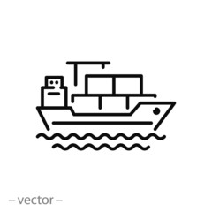 cargo ship icon, big marine vessel, sea transportation, commercial  container delivery, thin line web symbol on white background - editable stroke vector illustration eps10