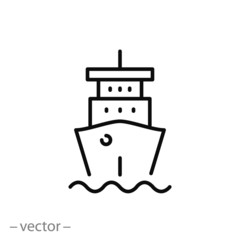 ship icon, cruise on marine vessel, sea journey, silhouette boat, thin line web symbol on white background - editable stroke vector illustration eps10