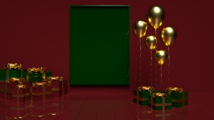 2020 New Year. Gold Balloons And Green And Red Gift Boxes With Empty Banner Space For Christmas Birthday, Party Or Events On Red Background - 3D Illustration