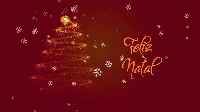 Feliz Natal  postcard animation in after effects. Animated text and tree with snow on red background. Copy text space. Translation: Merry Christmas