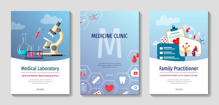 Set of flyers, posters, banners, brochure design templates. Laboratory diagnostics, blood analysis, Family doctor, Medicine clinic and health care services concept.