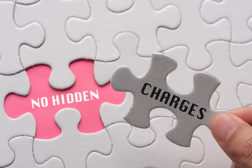 Fototapeta premium Hand hold piece of puzzle written CHARGES revealing word NO HIDDEN. 