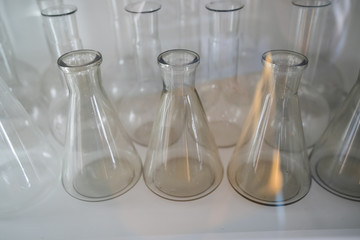 white orchid flower on glass flask and test tube in science cosmetic biology laboratory background