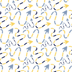 Fototapeta na wymiar Arrows vector pattern. Modern seamless background in blue and yellow colors .