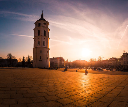 Bell tower in Cathedral Square in Vilnius, Lithuania. The Bell Tower, one of the oldest and tallest towers of the Old Town, offers a beautiful panorama.