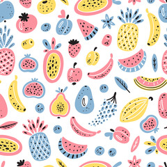 Cartoon Fruits and Berries Vector Seamless Pattern. Colorful Fruit Wallpaper. Healthy Summer Food Background