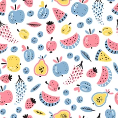 Muurstickers Cartoon Berries and Fruits Vector Seamless Pattern. Colorful Fruit Wallpaper. Healthy Summer Food Background © AllNikArt