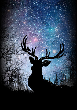 Reindeer in the winter time cartoon character in the real world silhouette art photo manipulation