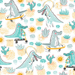 Cute Crocodile seamless pattern. Vector background with alligators and cactuses, rain clouds and suns. Cartoon Wild Animals wallpaper