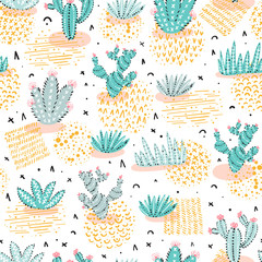 Cactus Vector Seamless pattern. Nature background with doodle Cartoon Cactuses. Desert Floral Wallpaper