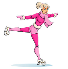 Figure skater. A girl in a pink winter suit skates.