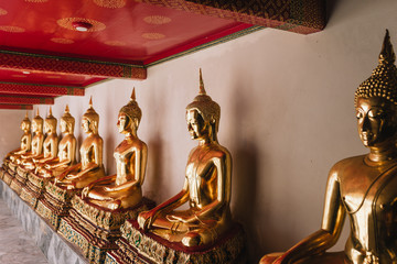 Row of golden buddha statues in temple in Bangkok, Thailand