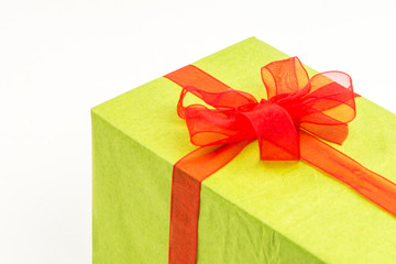 Gift box with ribbons and christmas decor isolated on white background. Happy birthday colorful gift