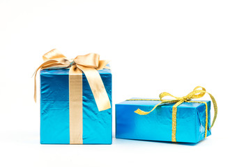 Gift boxes with ribbons and christmas decor isolated on white background. Happy birthday colorful gifts