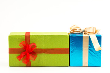 Gift boxes with ribbons and christmas decor isolated on white background. Happy birthday colorful gifts