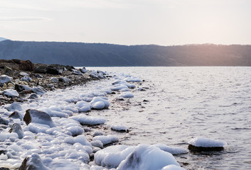 frozen rocks and starfish on the shore of the cold sea