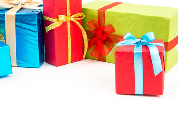 Gift boxes with ribbons and christmas decor isolated on white background. Happy birthday colorful gifts