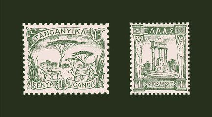 Obraz premium Vintage Postage stamp for album. Ancient landscapes. Retro old Sketch. Monochrome Postcard sticker. Hand drawn engraved retro mark, travel label. Decoration Element for print banner, poster and logo.