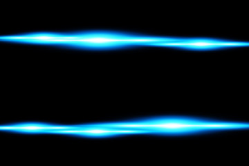 Blue horizontal lens flares pack. Laser beams, horizontal light rays. Beautiful light flares. Glowing streaks on dark background. Luminous abstract sparkling lined background.