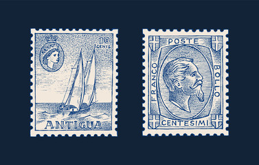 Vintage Postage stamp for album. Seascape with a sailboat. Face of a man with a beard. Retro old Sketch. Monochrome Postcard. Hand drawn engraved retro mark. Decoration Element for print banner.