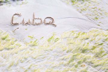  Inscription cube on the dense sand of the beach.Horizontally.Vertically.