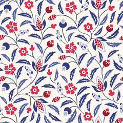 Blue and Red Traditional Chintz Floral Vector Seamless Pattern. Classic Background