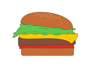 Hamburger with lettuce, cheese and tomato between bread in color vector isolated for logo, sign, apps or website
