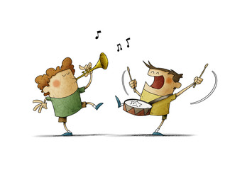 Children have fun making music, one plays the trumpet and the other a drum. isolated