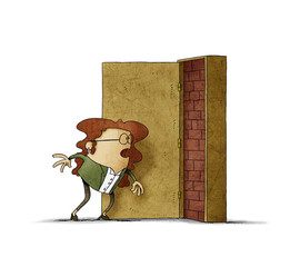 Business woman has opened a door and is covered with bricks. adversity concept. isolated - 309163736