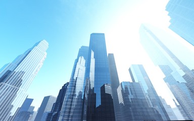 Skyscrapers against the sky, modern high-rise buildings, 3D rendering.