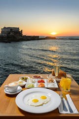 Romantic dinner place with idyllic panoramic view of Mediterranean sea