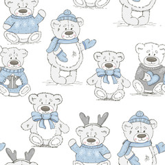 Seamless pattern with white teddy bears. New year pattern
