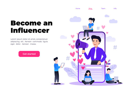 Flat vector style illustration with characters - influencer marketing concept - blogger promotion services, goods for followers online. Social media influencer shouting in megaphone from smartphone.