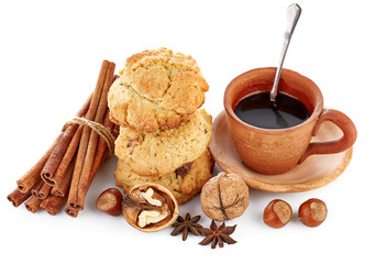 Homemade cookie with coffee and spice. Still life with sweetness baking and hot drink. Isolated on white background.