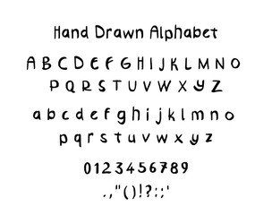 Hand drawn letters. Alphabet, punctuation marks, numerals on white background.