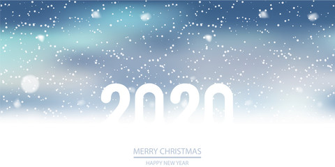 Happy 2020 Year card with falling snowflakes on blue. Vector