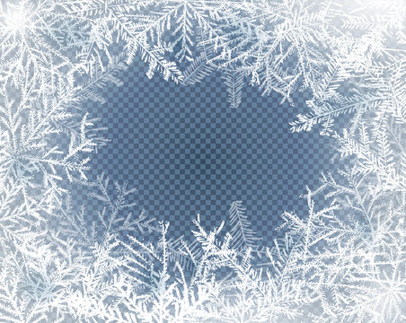 Frost glass pattern. Winter frame on transparent background. Vector christmas illustration
