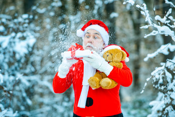 Winter time. Merry Christmas and happy holidays. Santa Claus blowing magic snow of his hands. Photo of Santa Claus blowing snow over nature background.