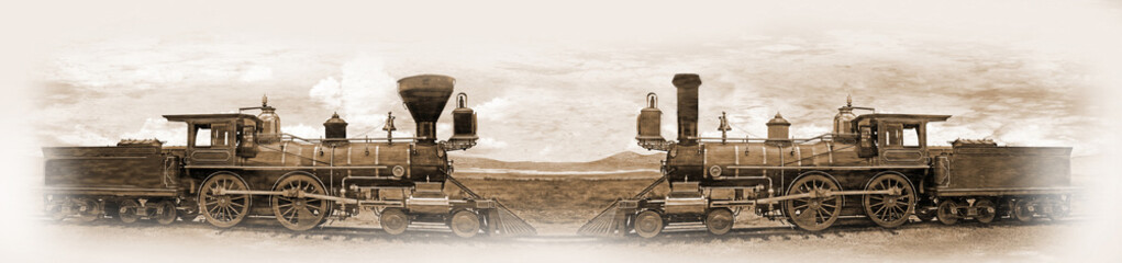 Plakat Simulated old photograph of the railway engines meeting at the Golden Spike after completion of the transcontinental railroad 