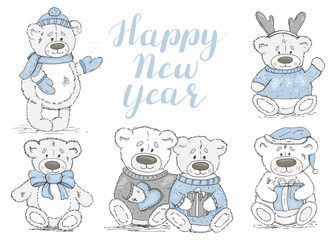 Set of white teddy bears. Happy New Year