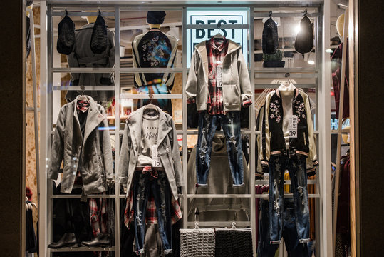 Milan, Italy - November 10, 2016: Urban clothing in a store in Milan fashion district.