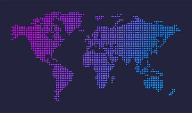 Abstract computer graphic pixel dotted world map. Vector illustration.