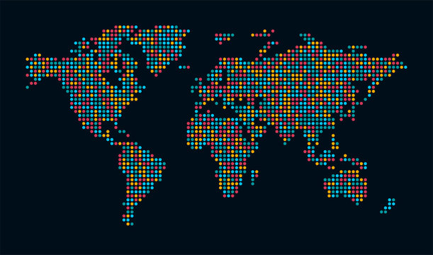Abstract computer graphic pixel dotted world map. Vector illustration.