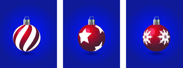 set of three red christmas balls on a blue background