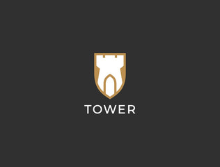Castle shield logo. Tower, fortress, bastion icon. Real estate, protection, building, security, guard, architecture business logo design template. Vector illustration.
