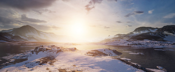 3D environment of the arctic seeing the luminous sunset - Landscape
