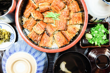 Set of grilled Japanese eel with sauce on rice, Japanese cuisine